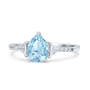 Teardrop Pear Art Deco Engagement Bridal Ring Triangle Simulated Aquamarine CZ 925 Sterling Silver